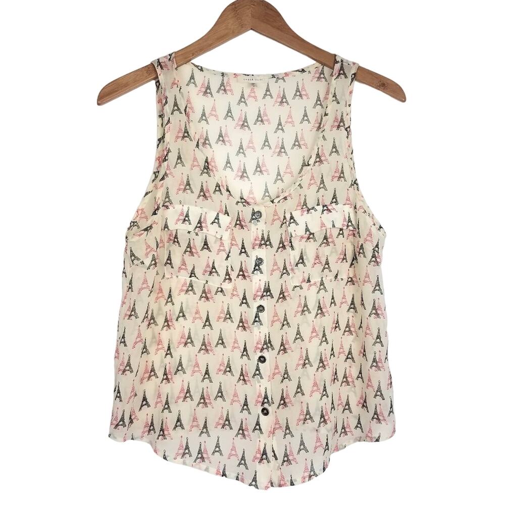 Eiffel Tower Print Sheer Tank w/ Pockets & Buttons